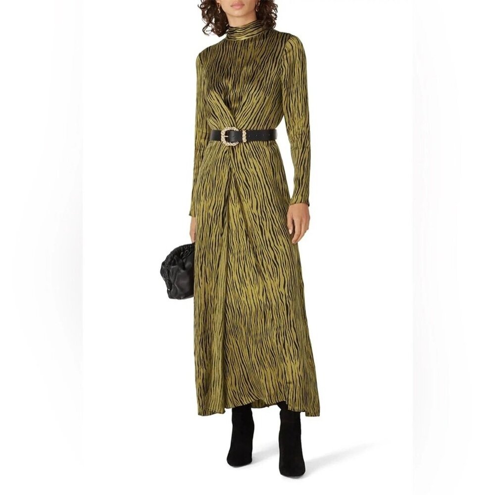 PETERSYN Womens Size Small Zuma Maxi Olive Green Zebra Print Long Sleeve Dress